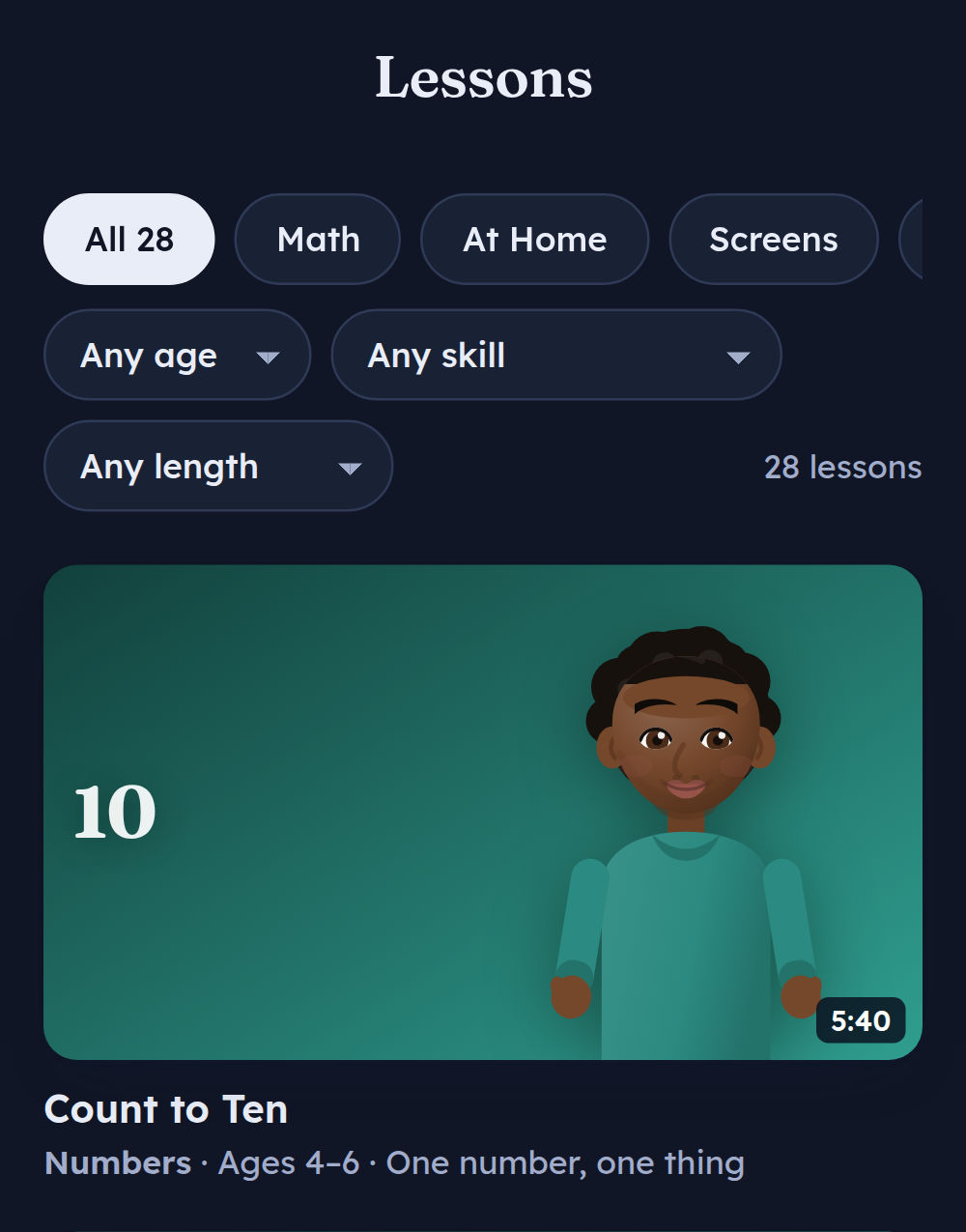 The Lessons screen on a phone: track and age filters above the first lesson, Count to Ten