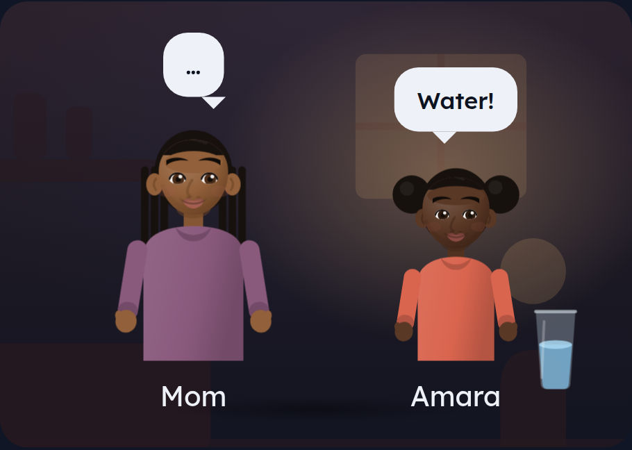 Mom and Amara talking, each with a speech bubble; Amara says Water!