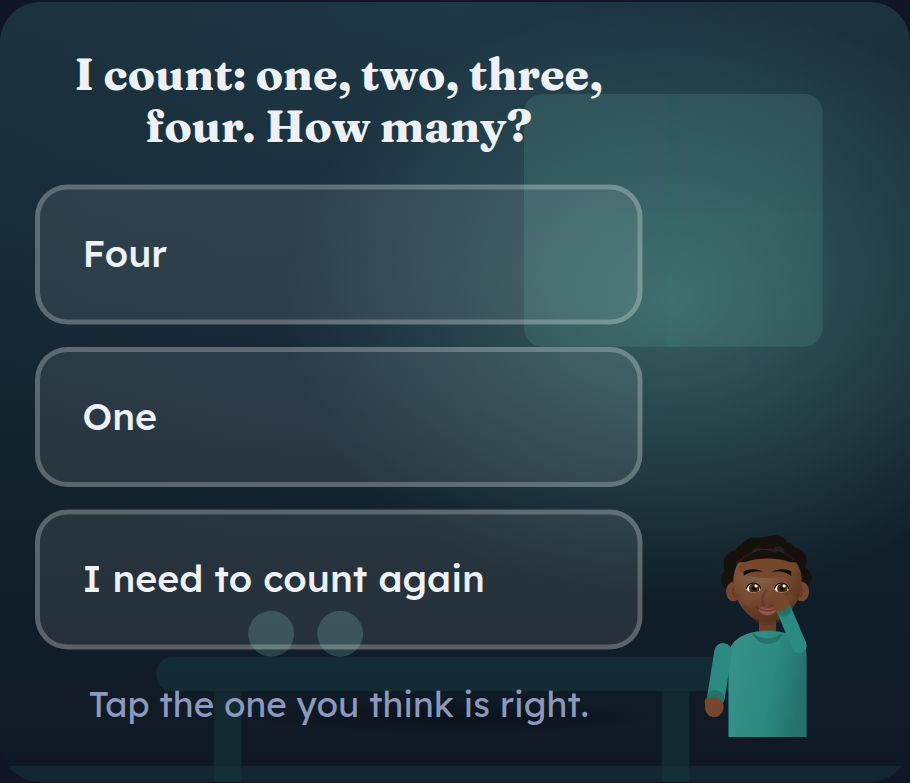 A question mid-lesson with three answers to tap
