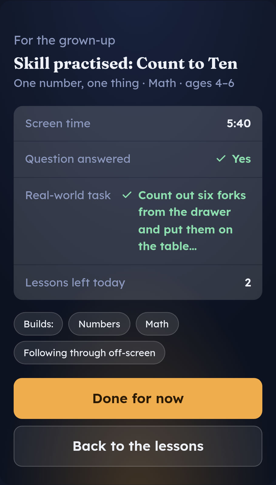 The end-of-lesson card for a grown-up: skill practised, screen time, the real-world task and lessons left today